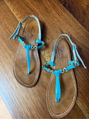 Brighton Turquoise Leather T-Strap Sandals with Gold Chain